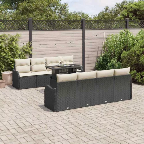 vidaXL Kerti Kanapé Szett párnával tárolóval 9 pcs Fekete Poli rattan