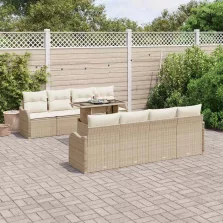   vidaXL Kerti Kanapé Szett párnával tárolóval 9 pcs Bézs Poli rattan