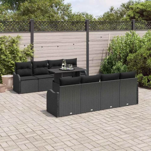 vidaXL Kerti Kanapé Szett párnával tárolóval 9 pcs Fekete Poli rattan