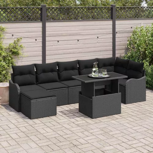 vidaXL Kerti Kanapé Szett párnával tárolóval 8 pcs Fekete Poli rattan