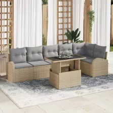   vidaXL Kerti Kanapé Szett 7 pcs Bézs 100 x 55 x 73 cm Poli rattan