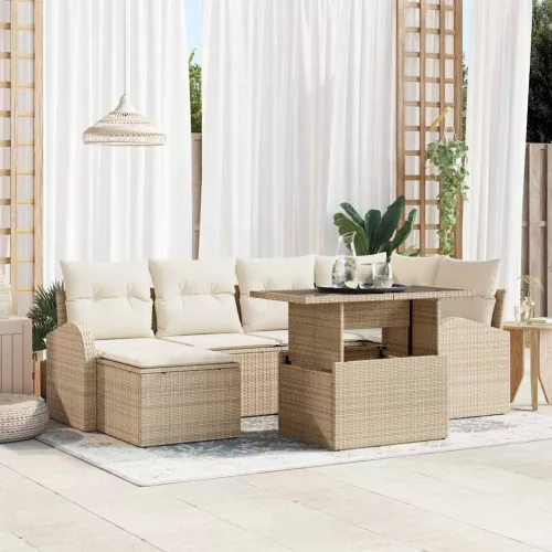 vidaXL Kerti Kanapé Szett tárolóval 7 pcs Bézs Poli rattan