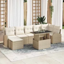   vidaXL Kerti Kanapé Szett tárolóval 8 pcs Bézs Poli rattan