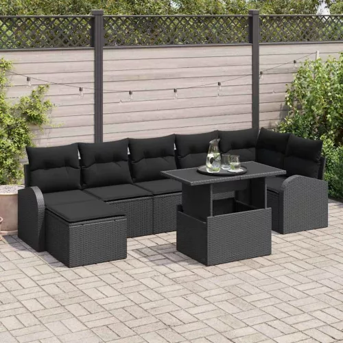 vidaXL Kerti Kanapé Szett tárolóval 8 pcs Fekete Poli rattan