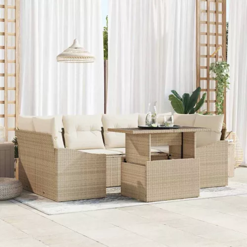 vidaXL Kerti Kanapé Szett tárolóval 7 pcs Bézs Poli rattan