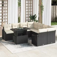   vidaXL Kerti Kanapé Szett tárolóval 9 pcs Fekete Poli rattan