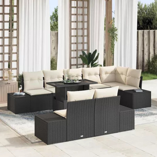 vidaXL Kerti Kanapé Szett tárolóval 9 pcs Fekete Poli rattan