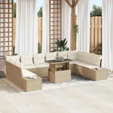   vidaXL Kerti Kanapé Szett tárolóval 11 pcs Bézs Poli rattan
