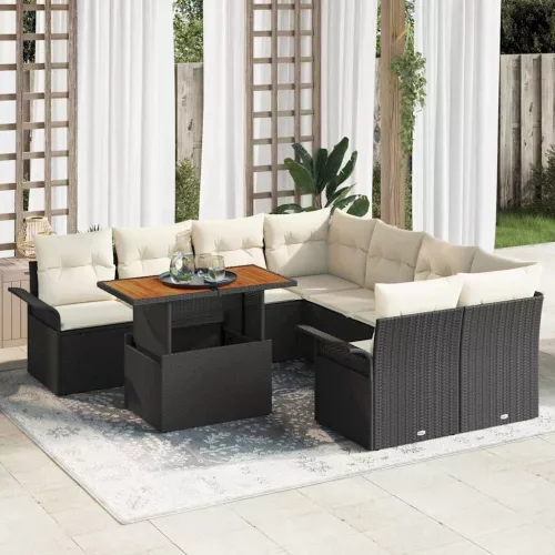 vidaXL Kerti Kanapé Szett tárolóval 9 pcs Fekete Poli rattan