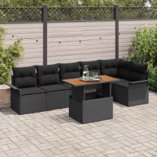   vidaXL Kerti Kanapé Szett tárolóval 7 pcs Fekete Poli rattan