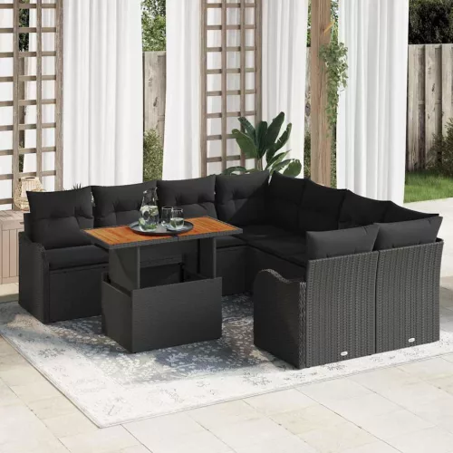 vidaXL Kerti Kanapé Szett tárolóval 9 pcs Fekete Poli rattan
