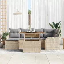   vidaXL Kerti Kanapé Szett tárolóval 7 pcs Bézs Poli rattan