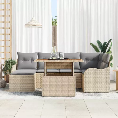 vidaXL Kerti Kanapé Szett tárolóval 7 pcs Bézs Poli rattan