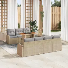   vidaXL Kerti Kanapé Szett tárolóval 8 pcs Bézs Poli rattan