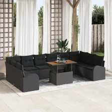   vidaXL Kerti Kanapé Szett tárolóval 11 pcs Fekete Poli rattan
