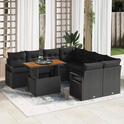 vidaXL Kerti Kanapé Szett tárolóval 9 pcs Fekete Poli rattan