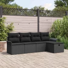   vidaXL Kerti Kanapé Szett párnával tárolóval 5 pcs Fekete polirattan