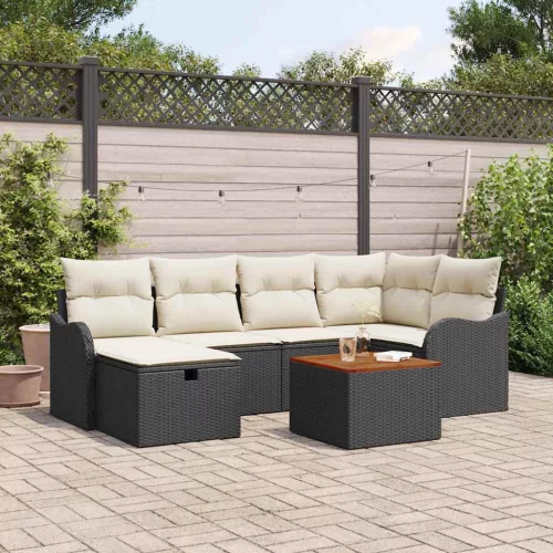 vidaXL Kerti Kanapé Szett párnával tárolóval 7 pcs Fekete Poli rattan