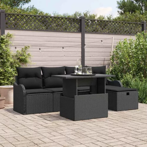 vidaXL Kerti Kanapé Szett párnával tárolóval 6 pcs Fekete Poli rattan