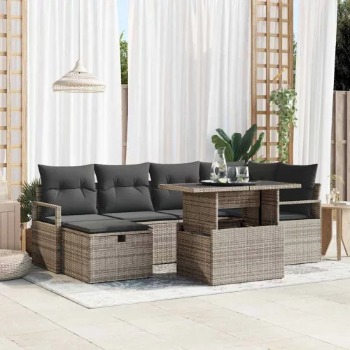 vidaXL Kerti Kanapé Szett párnával tárolóval 7 pcs Szürke Poli rattan
