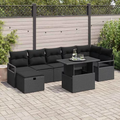 vidaXL Kerti Kanapé Szett párnával tárolóval 8 pcs Fekete Poli rattan