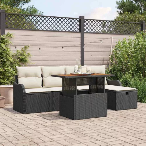 vidaXL Kerti Kanapé Szett párnával tárolóval 6 pcs Fekete Poli rattan