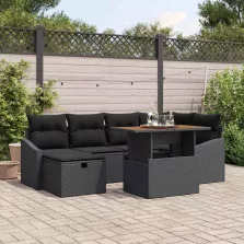   vidaXL Kerti Kanapé Szett párnával tárolóval 7 pcs Fekete Poli rattan