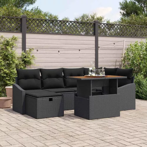 vidaXL Kerti Kanapé Szett párnával tárolóval 7 pcs Fekete Poli rattan