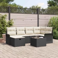   vidaXL Kerti Kanapé Szett párnával tárolóval 7 pcs Fekete Poli rattan