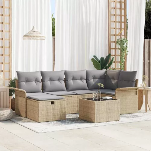 vidaXL Kerti Kanapé Szett párnával tárolóval 7 pcs Bézs Poli rattan