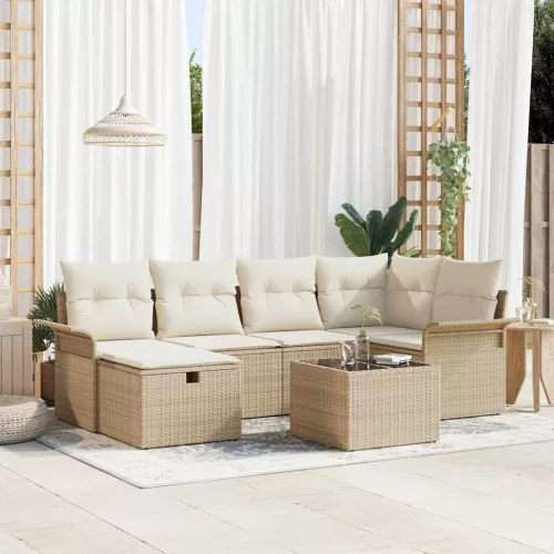 vidaXL Kerti Kanapé Szett párnával tárolóval 7 pcs Bézs Poli rattan