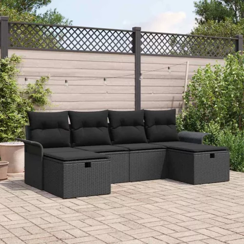vidaXL Kerti Kanapé Szett párnával tárolóval 6 pcs Fekete Poli rattan
