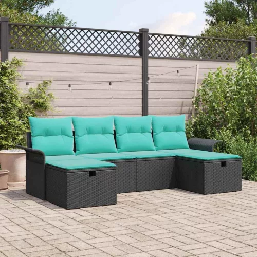 vidaXL Kerti Kanapé Szett párnával tárolóval 6 pcs Fekete Poli rattan