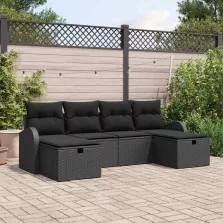   vidaXL Kerti Kanapé Szett párnával tárolóval 6 pcs Fekete polirattan