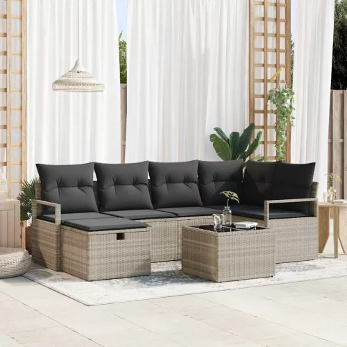 vidaXL Kerti Kanapé Szett párnával 7 pcs Világosszürke Poli rattan