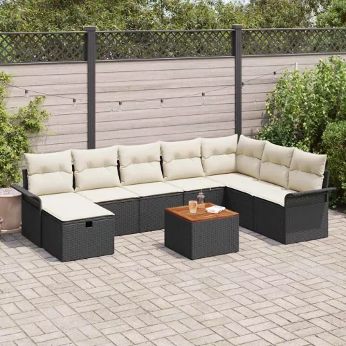 vidaXL Kerti Kanapé Szett párnával tárolóval 9 pcs Fekete Poli rattan