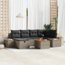   vidaXL Kerti Kanapé Szett párnával tárolóval 7 pcs Szürke Poli rattan