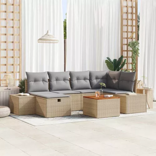 vidaXL Kerti Kanapé Szett párnával tárolóval 7 pcs Bézs Poli rattan
