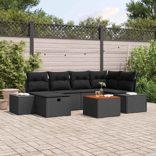 vidaXL Kerti Kanapé Szett párnával tárolóval 7 pcs Fekete Poli rattan