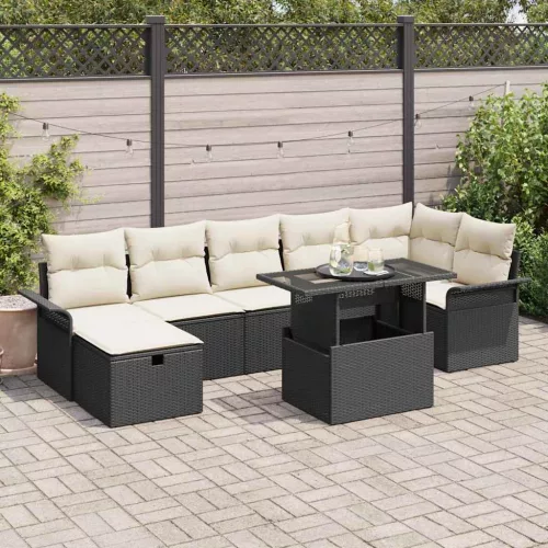 vidaXL Kerti Kanapé Szett párnával tárolóval 8 pcs Fekete Poli rattan