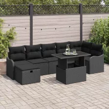   vidaXL Kerti Kanapé Szett párnával tárolóval 8 pcs Fekete Poli rattan