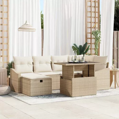 vidaXL Kerti Kanapé Szett 7 pcs Bézs polirattan