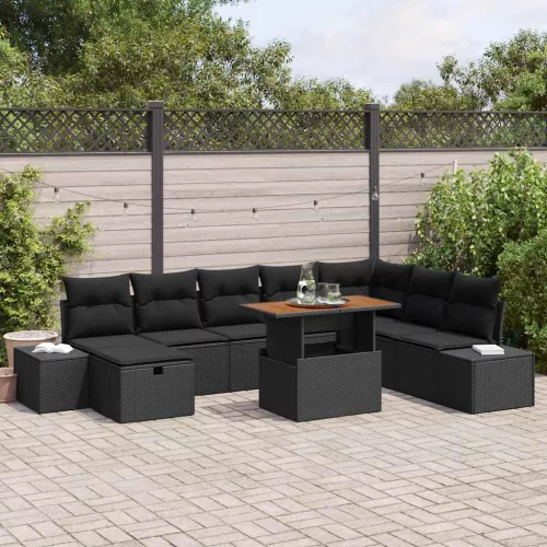 vidaXL Kerti Kanapé Szett tárolóval 9 pcs Fekete Poli rattan