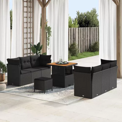 vidaXL Kerti Kanapé Szett 9 pcs Fekete polirattan