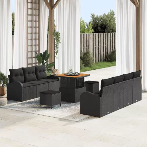 vidaXL Kerti Kanapé Szett párnával 10 pcs Fekete Poli rattan