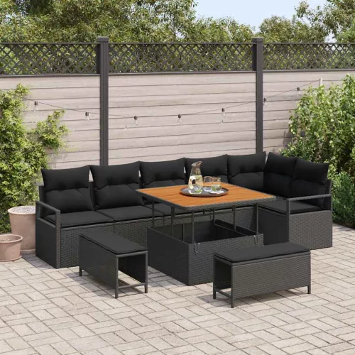 vidaXL Kerti Kanapé Szett párnával 9 pcs Fekete Poli rattan