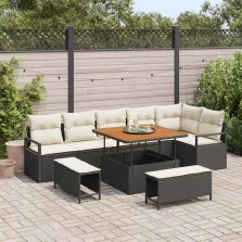   vidaXL Kerti Kanapé Szett párnával 9 pcs Fekete Poli rattan