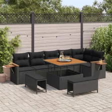   vidaXL Kerti Kanapé Szett 9 pcs Fekete Poli rattan és porfestett acél
