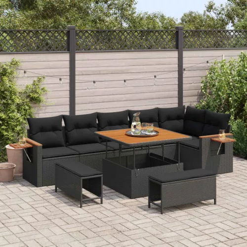 vidaXL Kerti Kanapé Szett 9 pcs Fekete Poli rattan és porfestett acél
