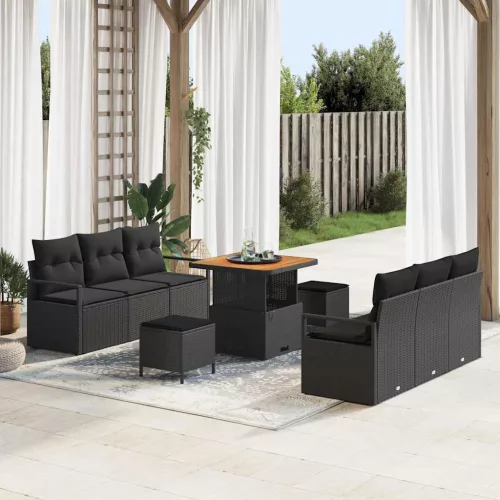 vidaXL Kerti Kanapé Szett tárolóval 9 pcs Fekete Poli rattan